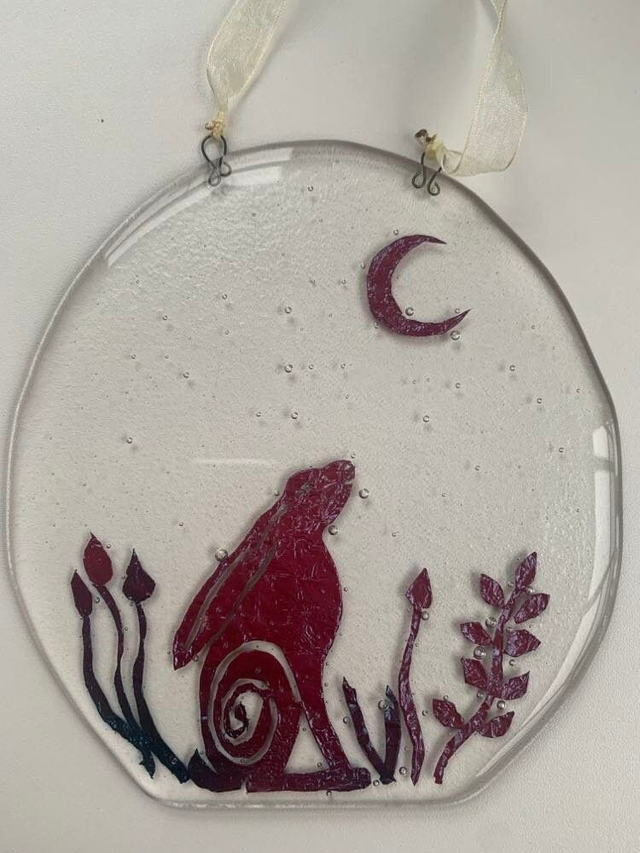 Moon Gazing Hare Fused Clear Glass with Foil Design Suncatcher Gift approx. 16 x 17cm