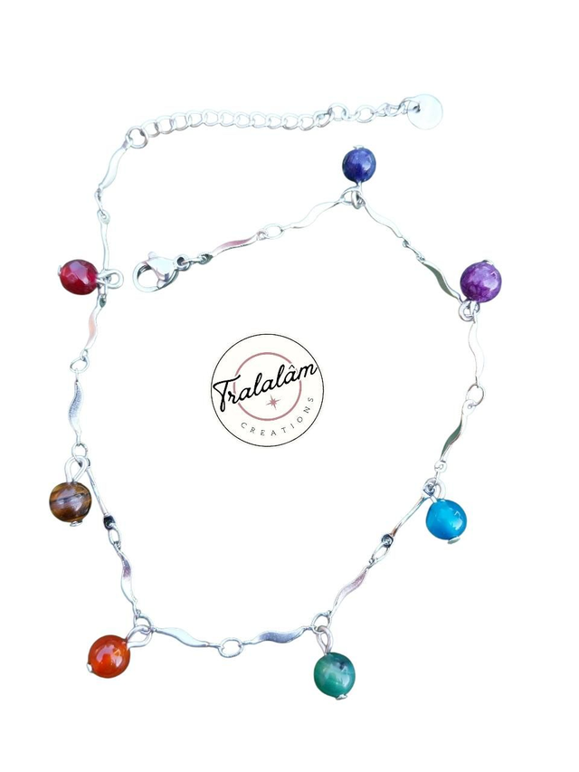 ✨Bracelet de cheville argenté perles multicolores chakras✨(8CHE)