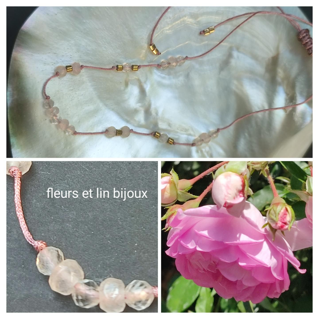 U-Bracelet agate rose pâle et cristal de roche ( pierres naturelles) monté sur fil de jade résistant et réglable 