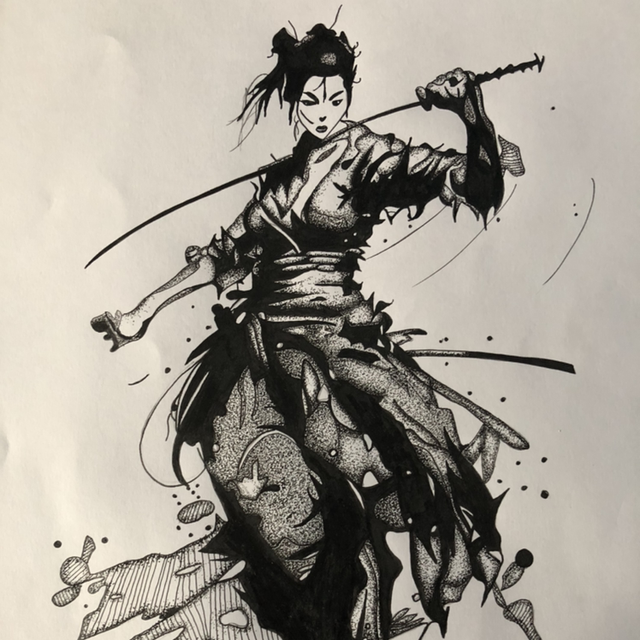 Guerrière samouraï - 44 x 54 cm - encadrement noir 