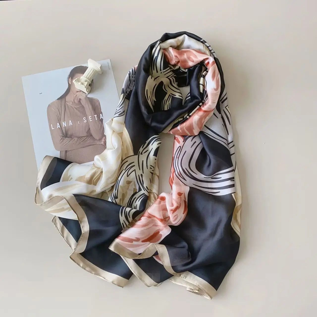 Abstract Floral Satin Scarf Black/Beige
