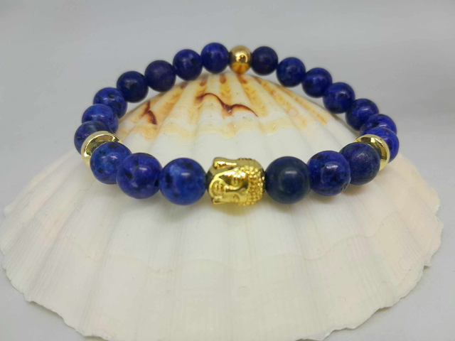 Bracelet 8 mm lapis lazuli laiton plaqué or 