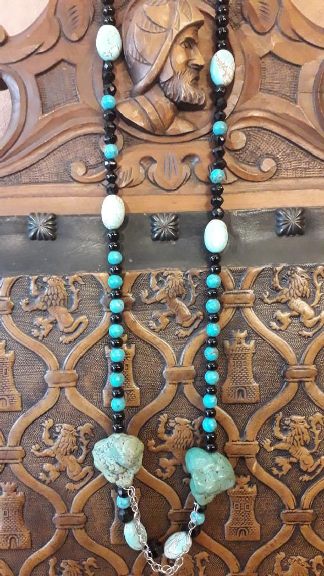 Sautoir turquoise,  jais, onyx, vermeil 