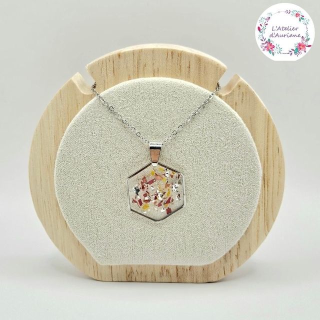Collier hexagone "Rose orangeade" argenté