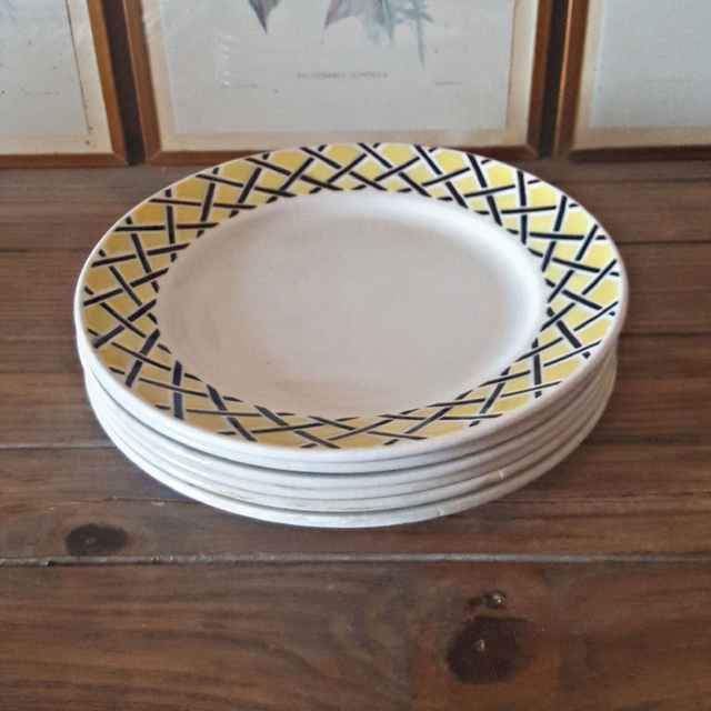 X Assiettes plates Badonviller vintage, motifs jaune et noir