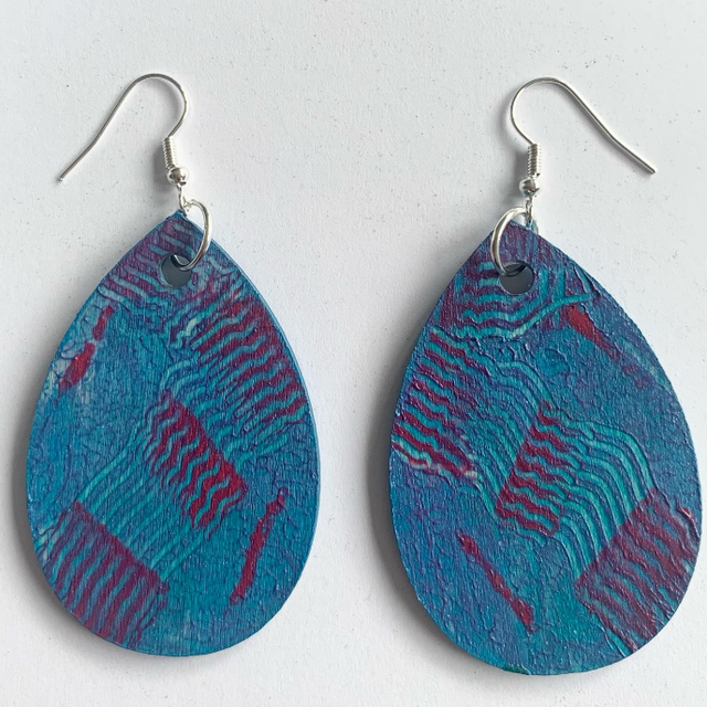 Hand Painted Large Wooden Abstract Earrings 