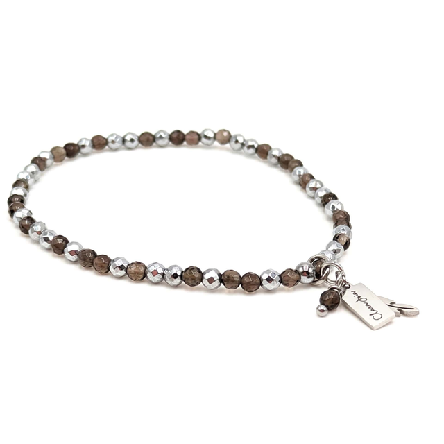✨ Bracelet Quartz Fumé &amp; Hématite Argentée – Plume de Sagesse &amp; Protection