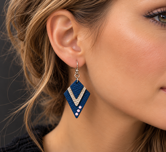 Éclat Royal – Petites boucles d’oreilles asymétriques en cuir bleu et estampes argentées