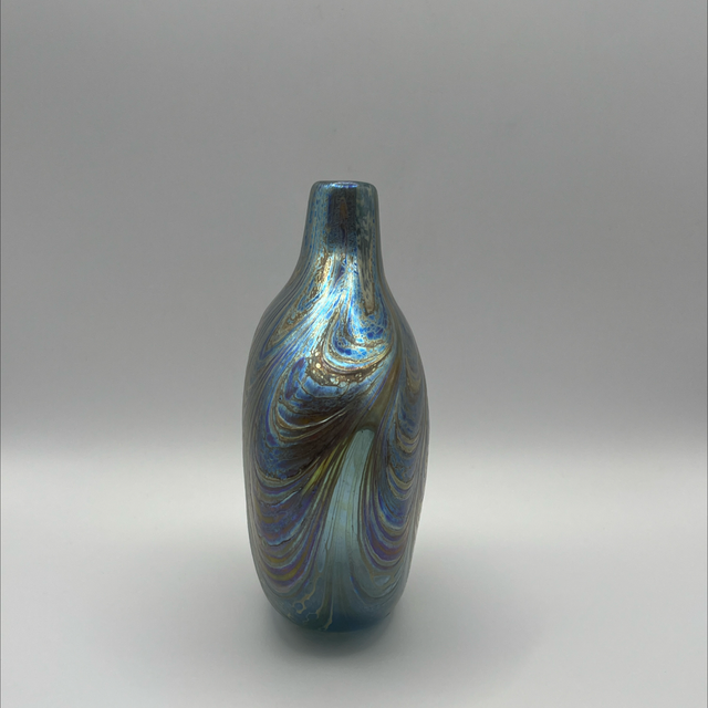 Iridescent Flask Vase by Norman Stuart Clarke – Signed, 14cm