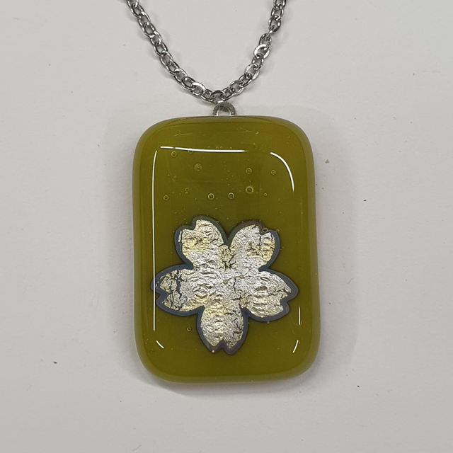 Yellow green and silver cherry blossom pendant NEW