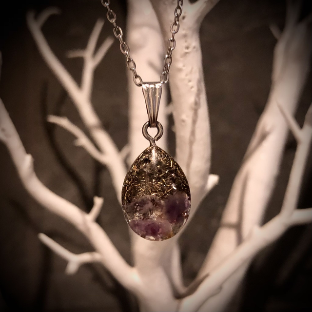 Crystal Energy Teardrop Pendant with Amethyst Quartz/metal shavings (small)