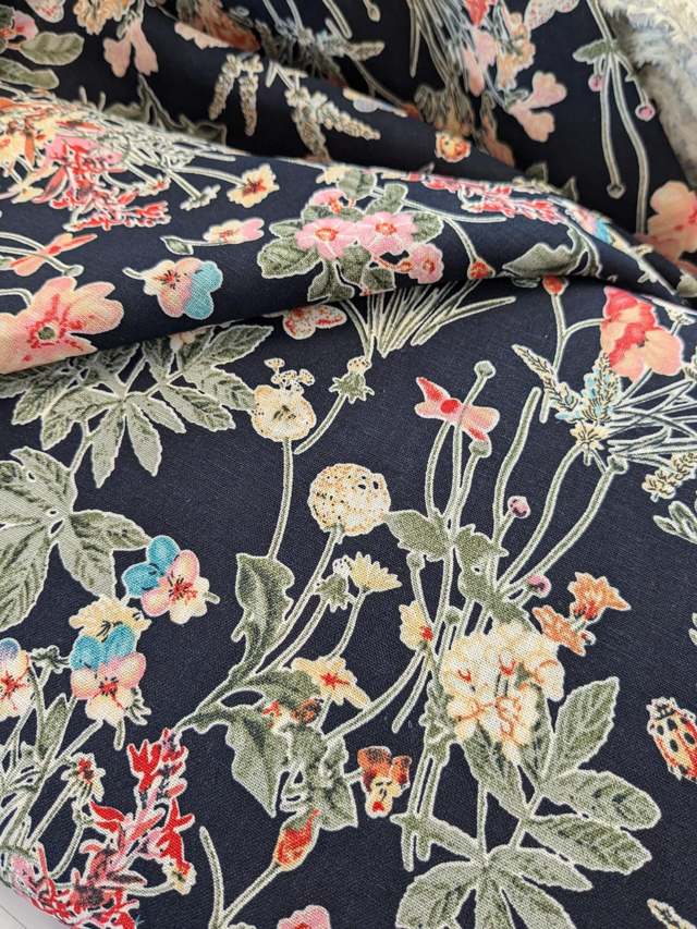 Navy Wildflower Viscose/Linen Blend