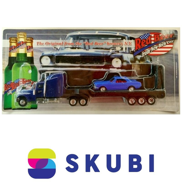 Reklamní kamion US Freightlniner s podvalníkem + Ford Mustang - Red Beer from New York City - model 1:87 H0