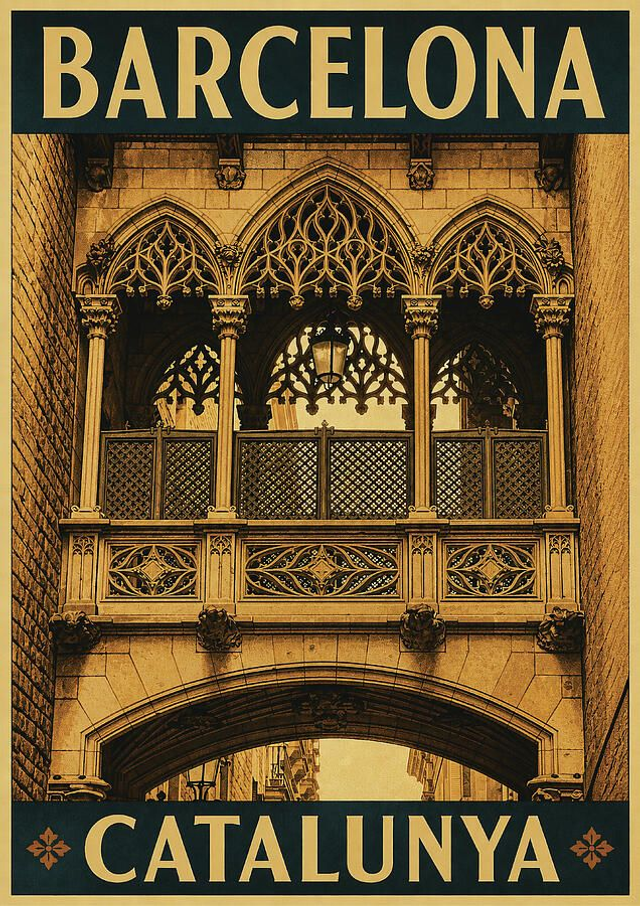 Póster de viaje vintage: Pont del Bisbe (Puente del Obispo), Barrio Gótico, Barcelona.