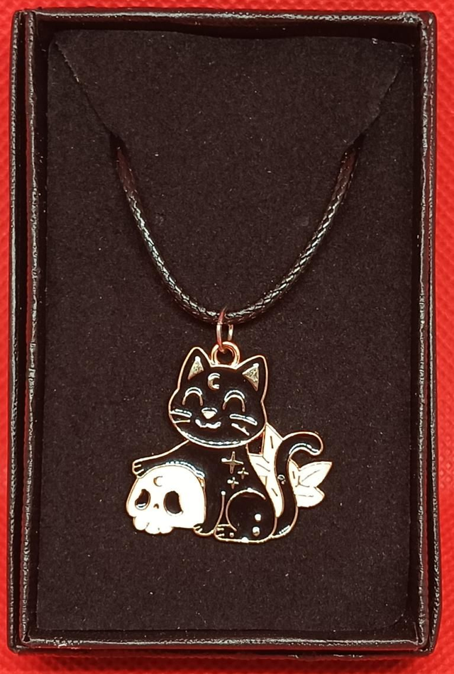 Enamel Black &amp; White Cat with Skull Pendant Necklace 