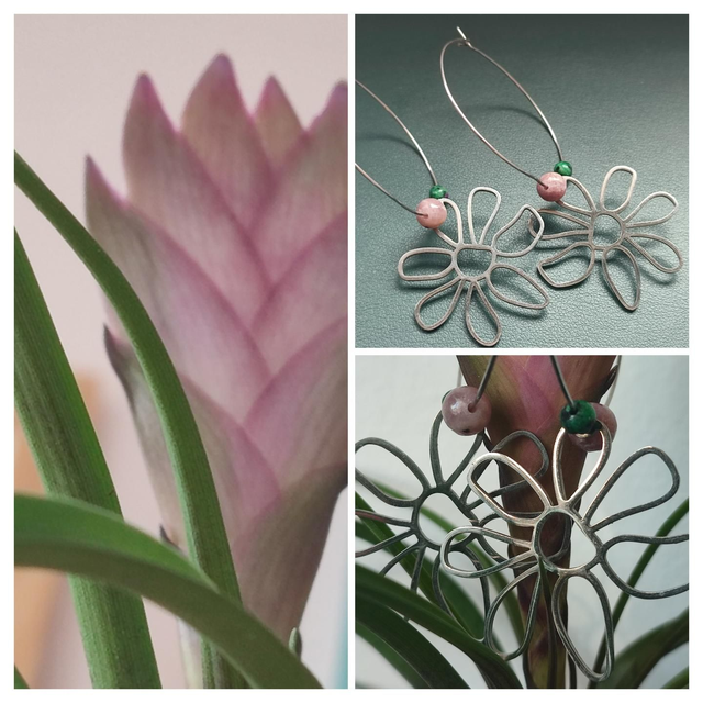 Z- Créoles fleurs et pierres naturelles en acier inoxydable -sans nickel, pièce unique 