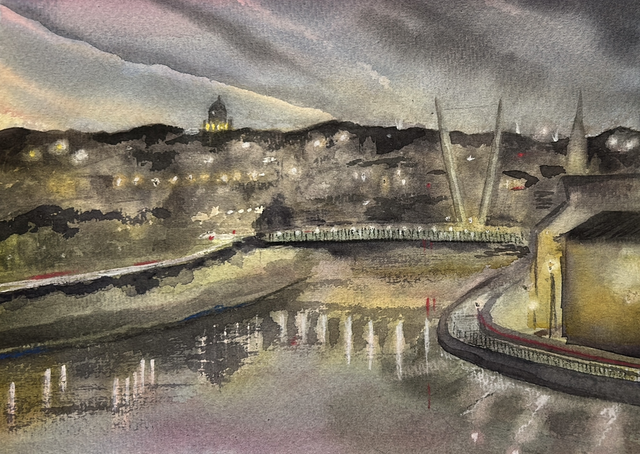 View of Lancaster from Carlisle Bridge. Original Framed and Signed Watercolour Painting