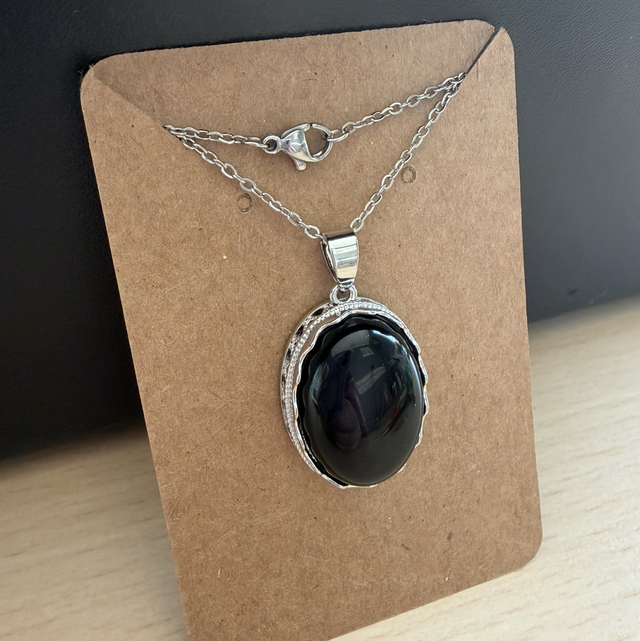 20” Stainless Steel chain Black Obsidian necklace 