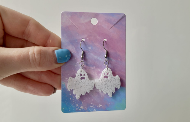 Earrings | Angry Ghost - White with Silver Glitter | Stainless Steel Hooks or Hoops
