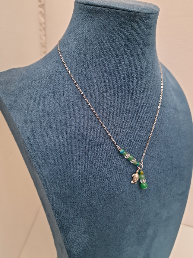 Parure Bijoux Acier Argenté Tortues Perles Jade Cristal