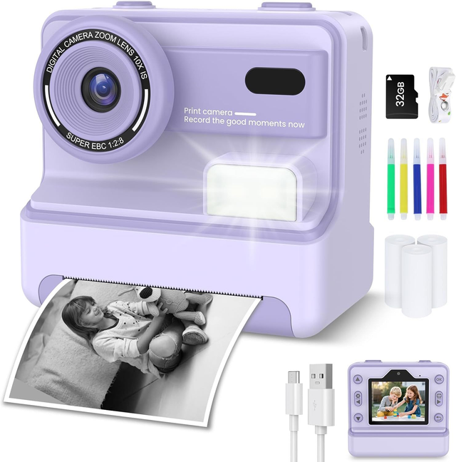 Caméra Photo Instantanée Enfant VSTEXN – 1080p, 48MP, Impression Thermique + SD 32Go &amp; 3 Rouleaux Papier (Violet)