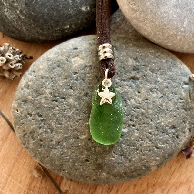 Cornish Sea Glass &amp; Silver Star Pendant