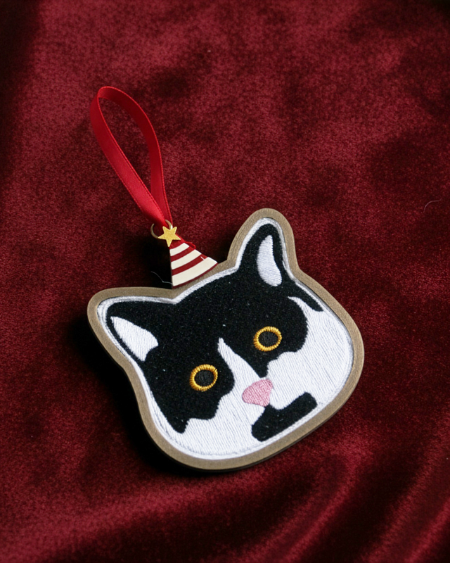Tuxedo Cat Party Hat Embroidered Christmas Ornament