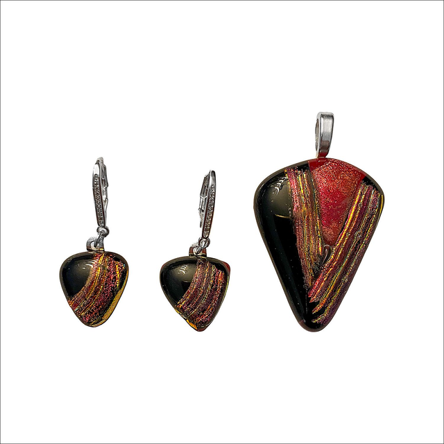 Pendant & Earring set with black, red and gold dichroic glass (Ref P&ES4)