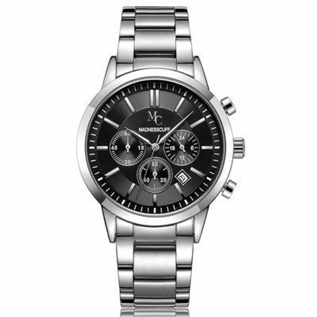 montre Madnesscuff homme. fond noir étanche chronographe date bracelet maille acier inoxydable de couleur argentée + boite