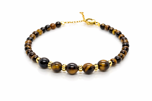 Bracelet « Glaïa »en Œil de Tigre &amp; Acier Inoxydable Doré à l’Or Fin 24K