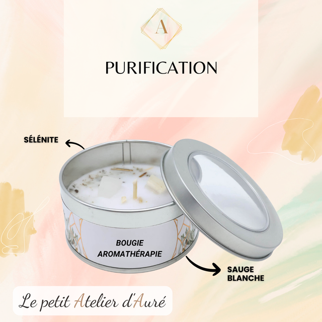 Bougie aromathérapie &quot;Purification&quot; - Sélénite &amp; Sauge Blanche