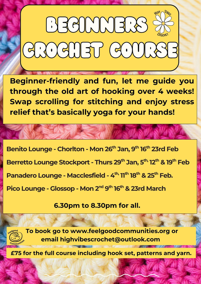 4 week beginners crochet course Benito Lounge Chorlton - Mon 26th Jan, 9th,16th & 23rd Feb