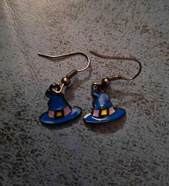 Earrings Blue Enamel Witch Wizard Hat Hooks