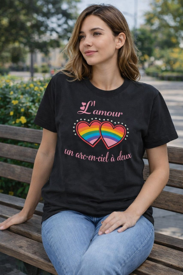 T shirt "L'amour, un arc-en-ciel à deux" - Coeurs arc-en-ciel personnalisés