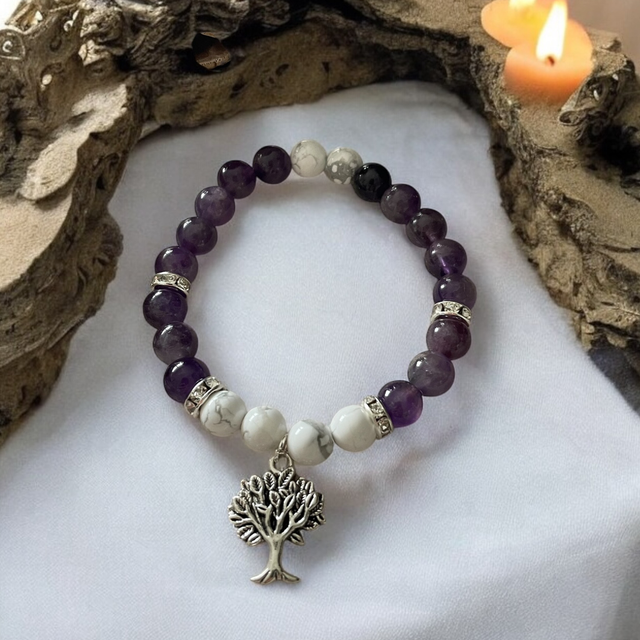 U7 Bracelet bien-être Améthyste Howlite charm’s arbre de vie 