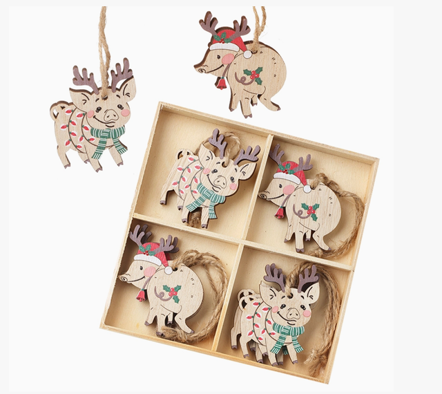 Christmas -Hanging Wooden Pig with Antlers Set