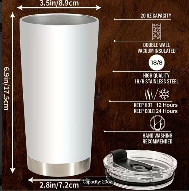 SUBLIMATED - 20oz Stainless Steel Powder Coated Vacuum Insulated Travel Cup