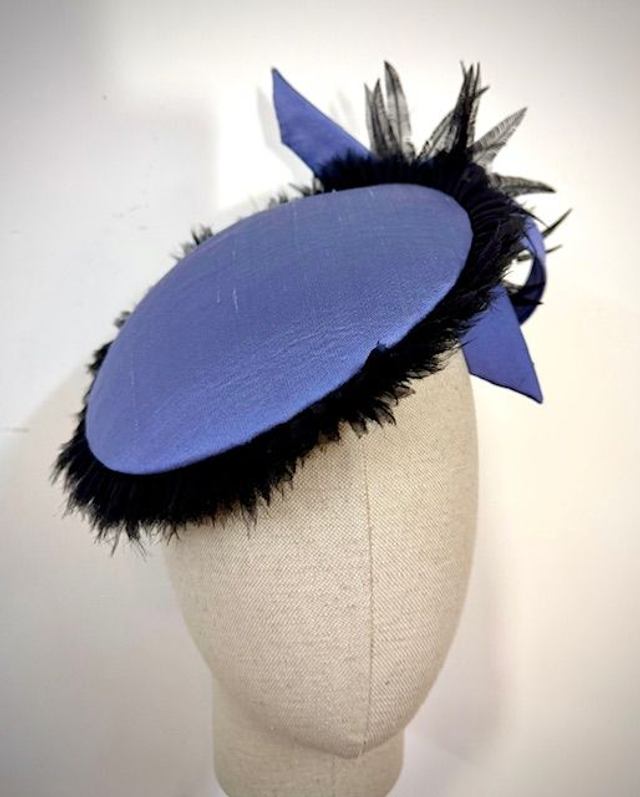 Lavendar silk percher / black pleated organza / black feathers