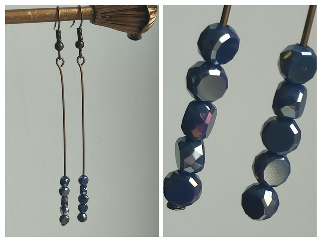 Boucles d'oreilles hexagonales en verre bleu marine, acier inoxydable doré -sans nickel, pièce unique 