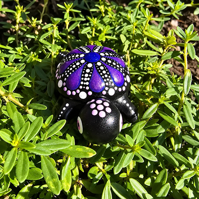 Petite tortue décorative – Mandala violet iridescent et rose - peint à la main