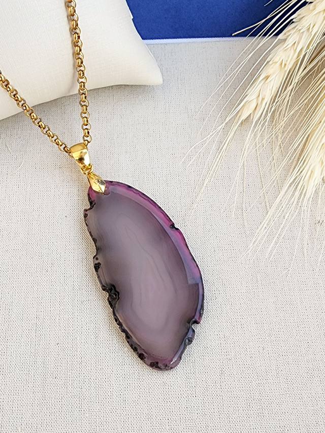 Colar Ágata Rosa E Cinza 8 Cm - Aço Inox