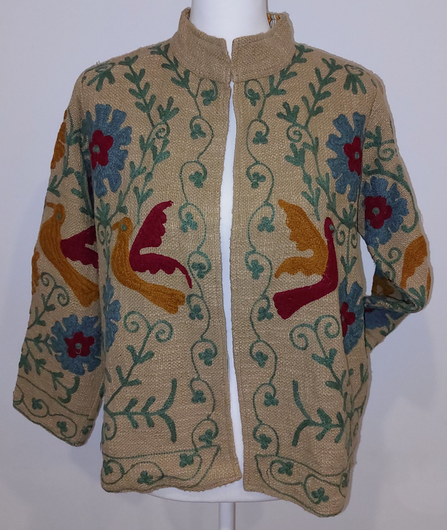 Veste réversible en coton TNT beige -  Brodée Suzani, oiseaux - Doublure à rayures - Confectionnée à la main 