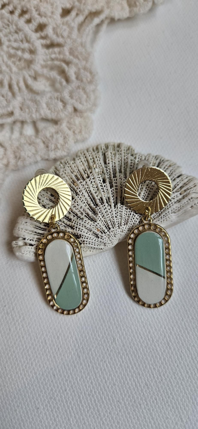 Paire de boucles d'oreilles - porcelaine Badonviller - acier inoxydable doré