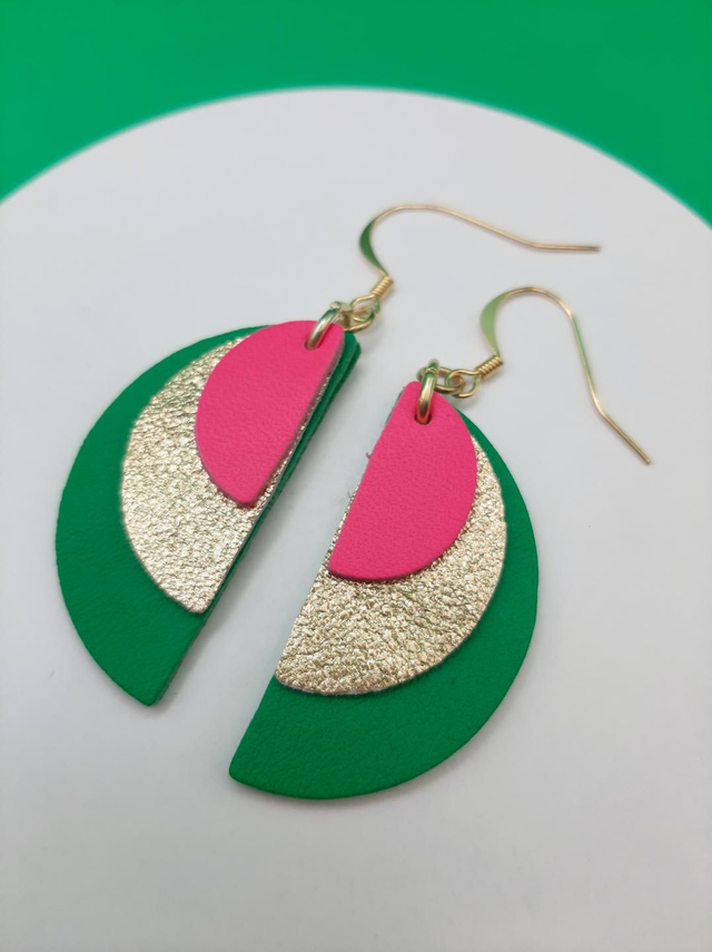 Semi circle drop earrings  - pink / green