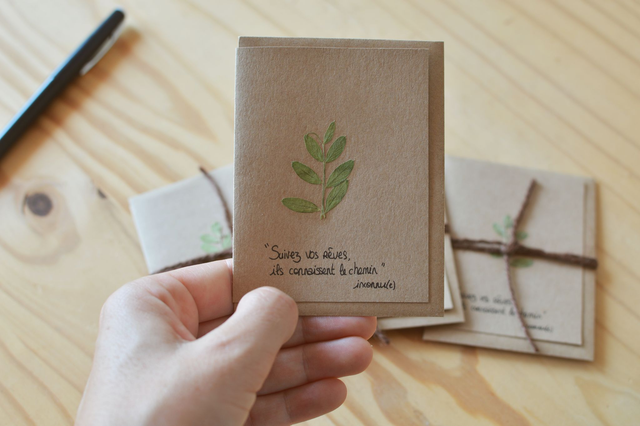 2 petites cartes herbier citation &quot;Suivez vos rêves, ils connaissent le chemin&quot;