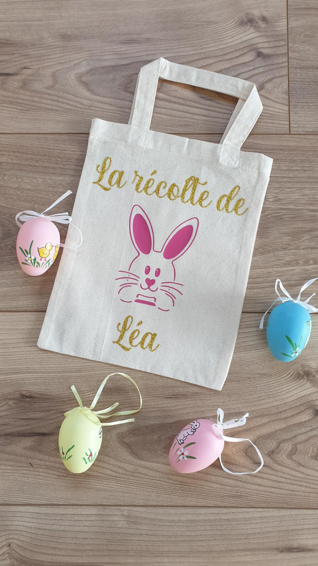 Sac de pâques lapin rose écriture doré paillettes 