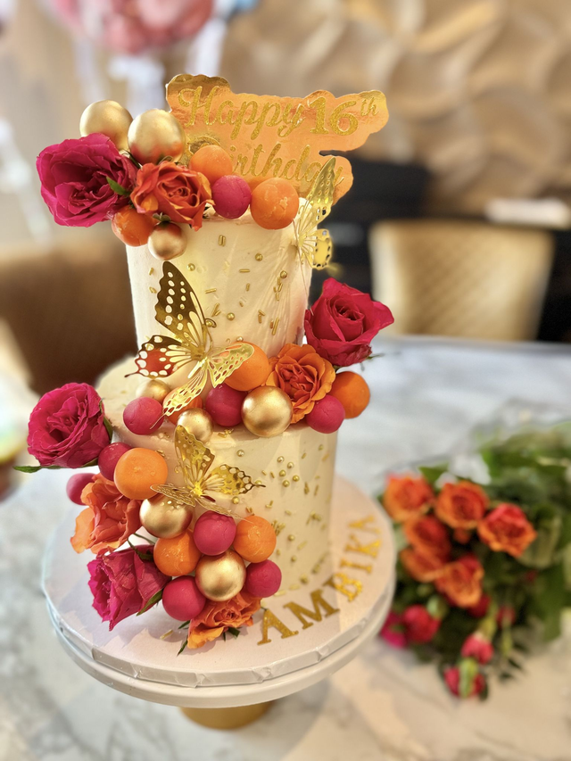 Pink &amp; Orange 2 tier Floral Birthday Cake