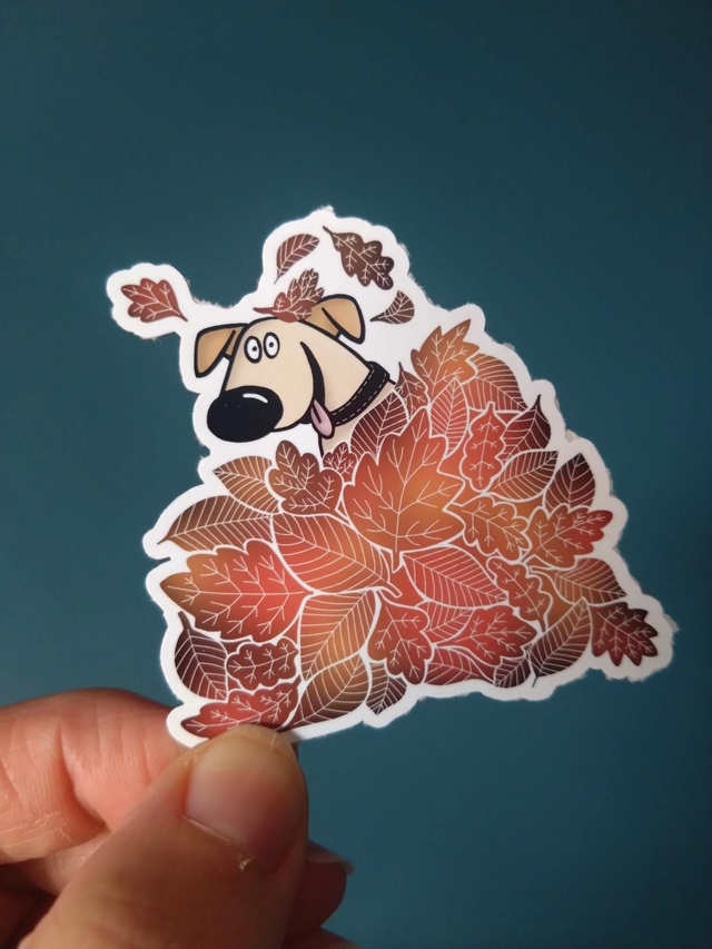 Playtime dog in leaves die cut vinyl sticker 