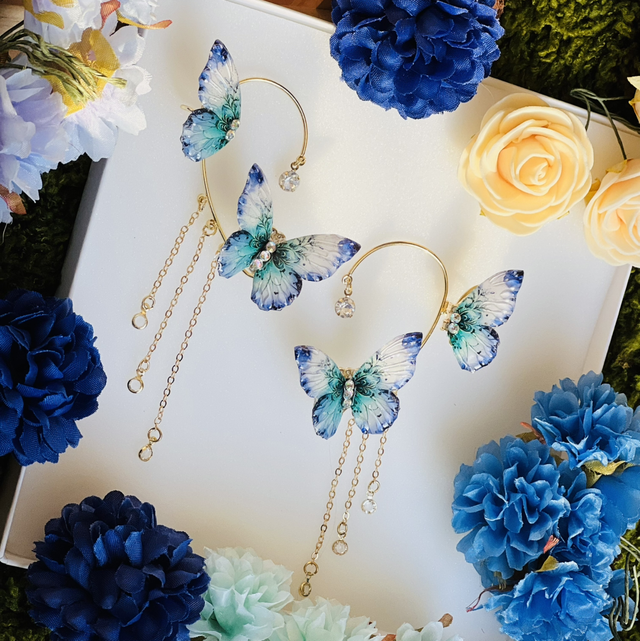 Papillons dentelles bleus or complets 