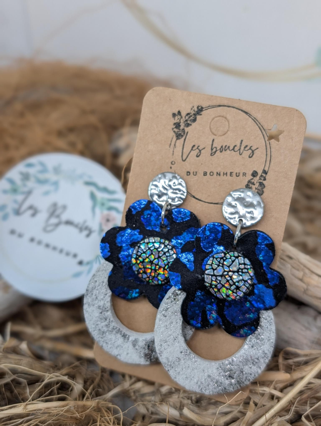 Boucles d&#039;oreilles fleur rétro léopard bleu argenté mo164